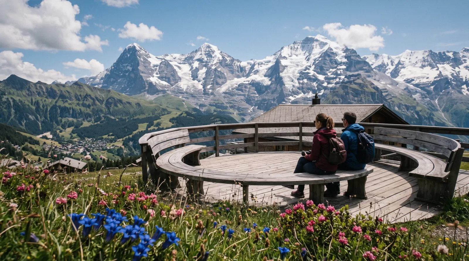 Allmendhubel summit above Mürren with the Eiger, Mönch and Jungfrau on the horizon