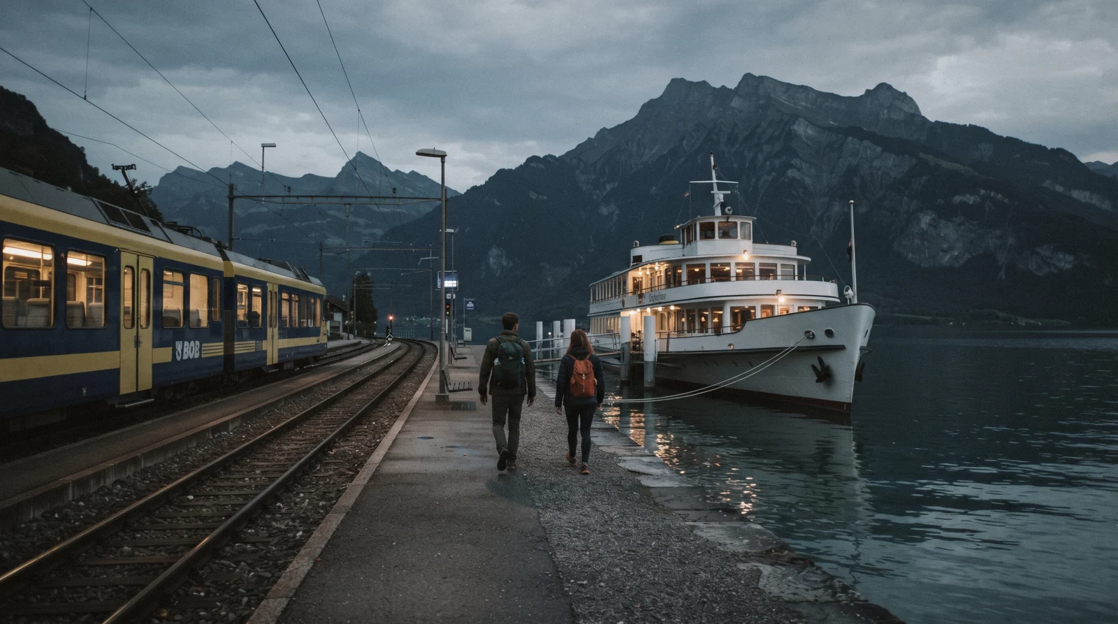 Lake steamer on Lake Thun in the Bernese Oberland with railway lines along the shore