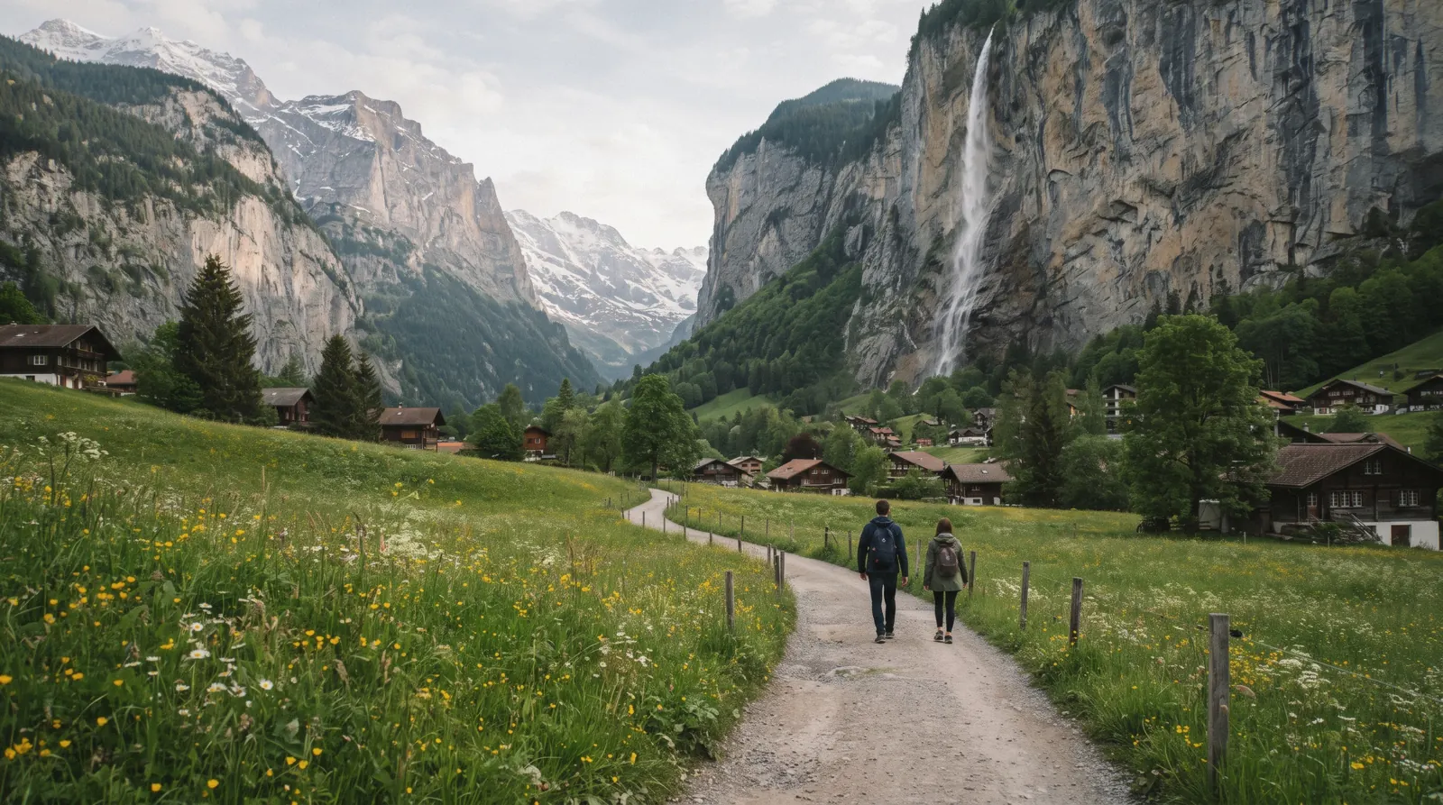 Staubbach Falls above Lauterbrunnen village on a clear day