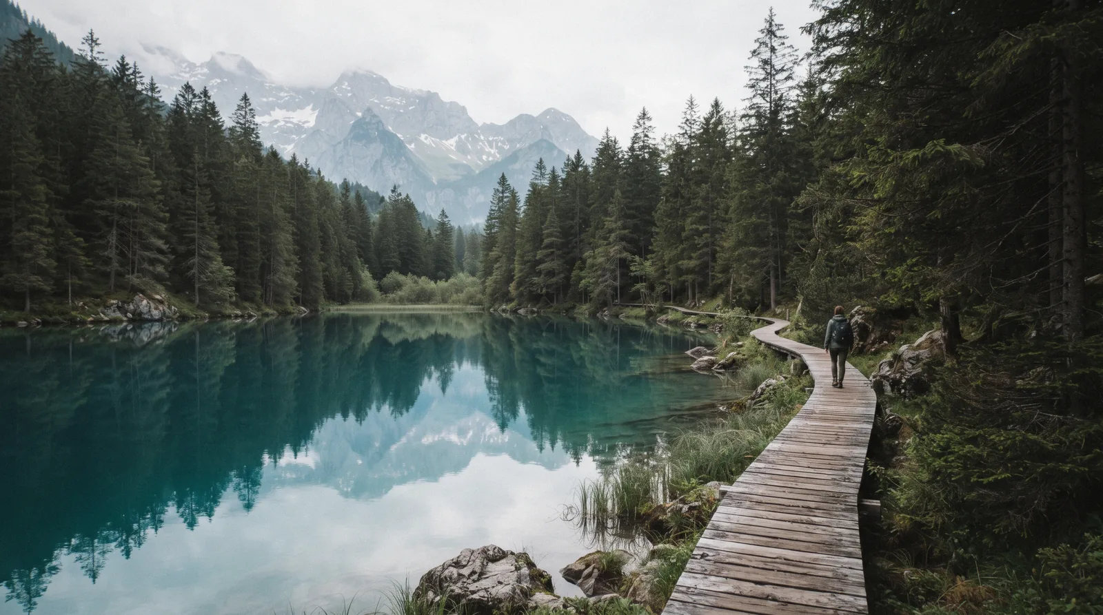 Clear alpine lake water with forest and mountains above the Kandersteg valley in the Bernese Oberland