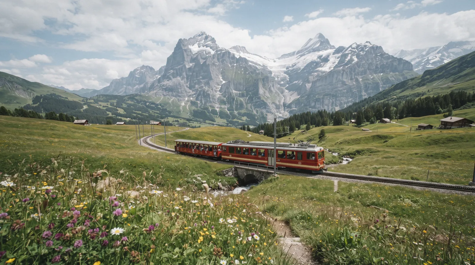 The Wengernalpbahn rack train crossing high ground between Lauterbrunnen and Grindelwald, the route for several day trips from Lauterbrunnen, Switzerland