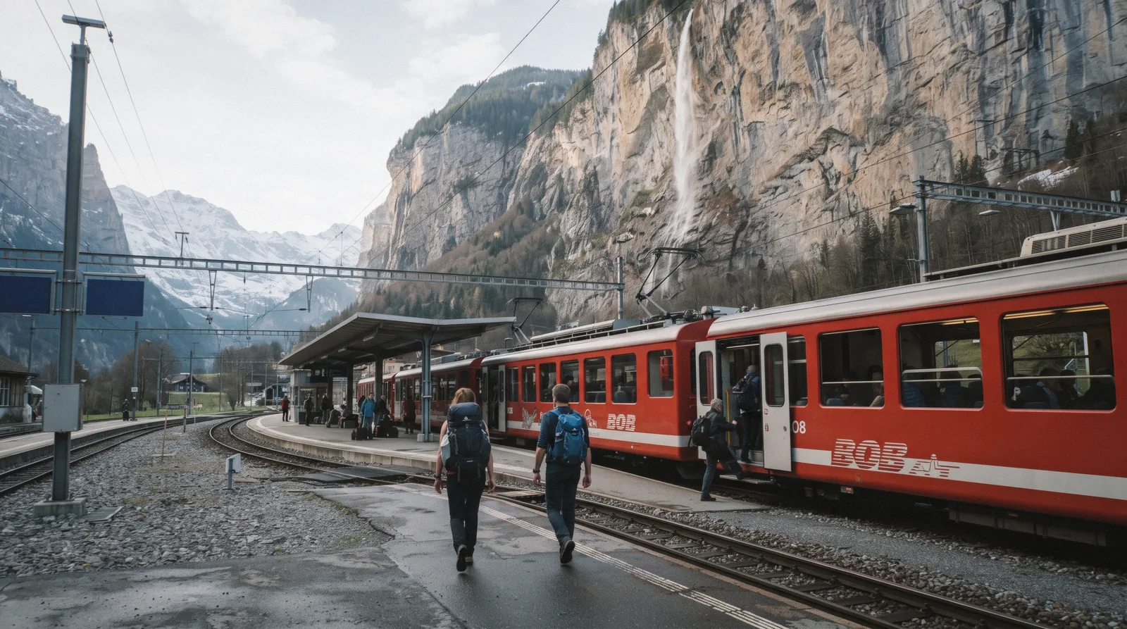 A green train and the cable car station in Lauterbrunnen, getting around lauterbrunnen by public transport