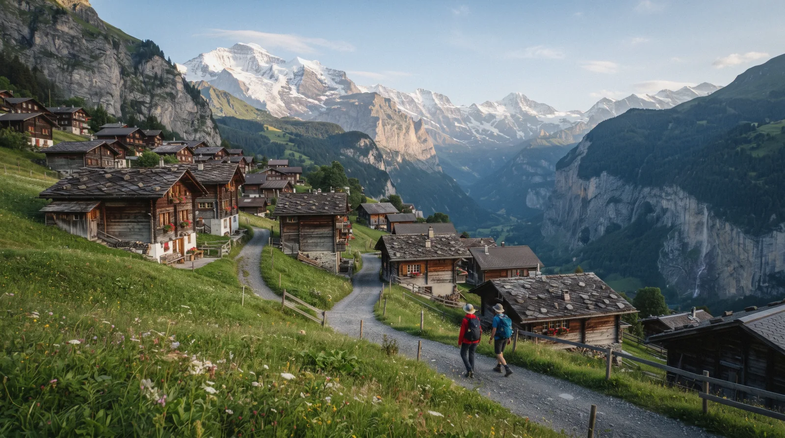 Timber houses and hay barns in Gimmelwald on its ledge above the Lauterbrunnen valley