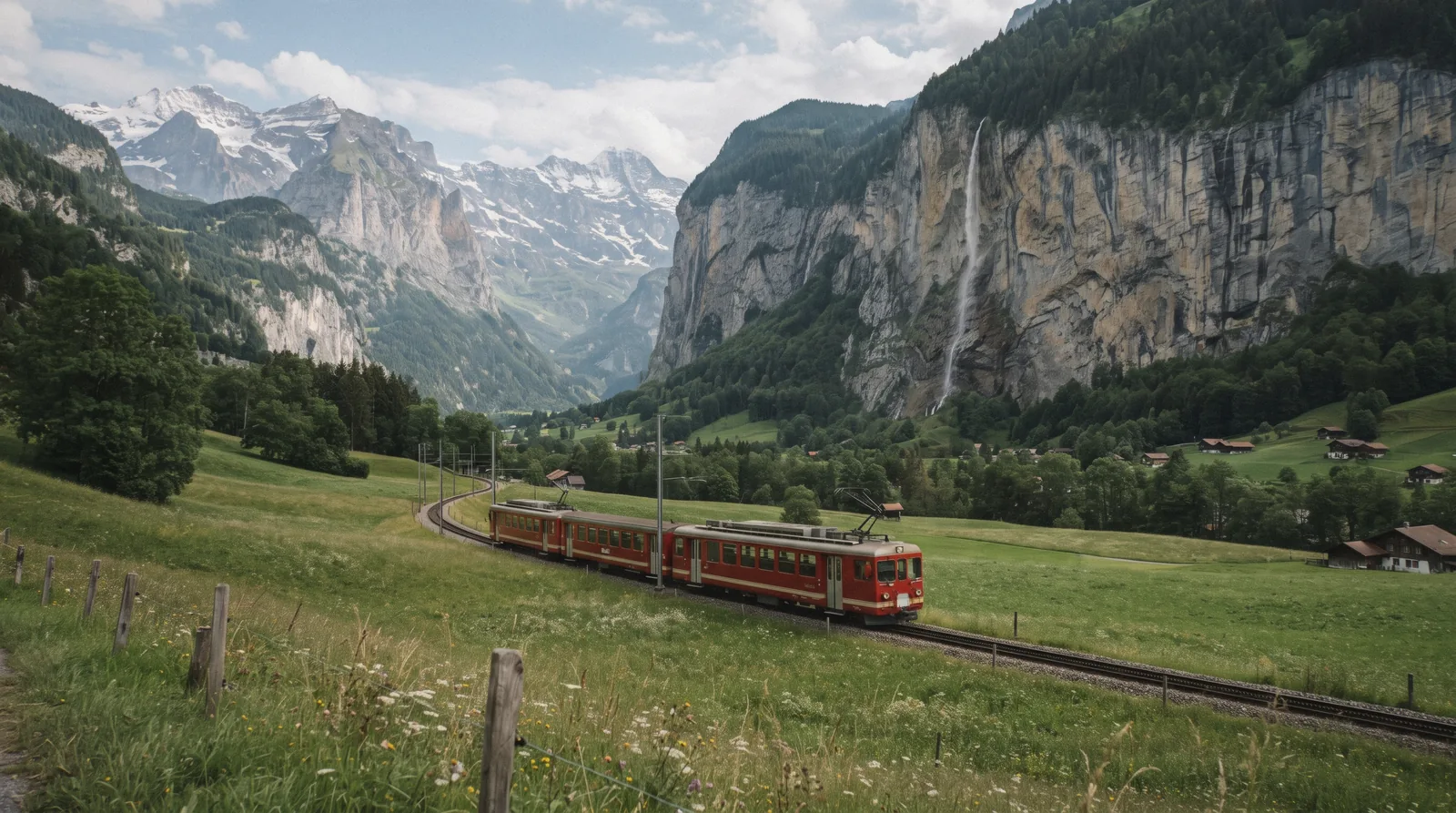 The Bernese Oberland Bahn train waiting at Interlaken Ost station before the run into the Lauterbrunnen valley