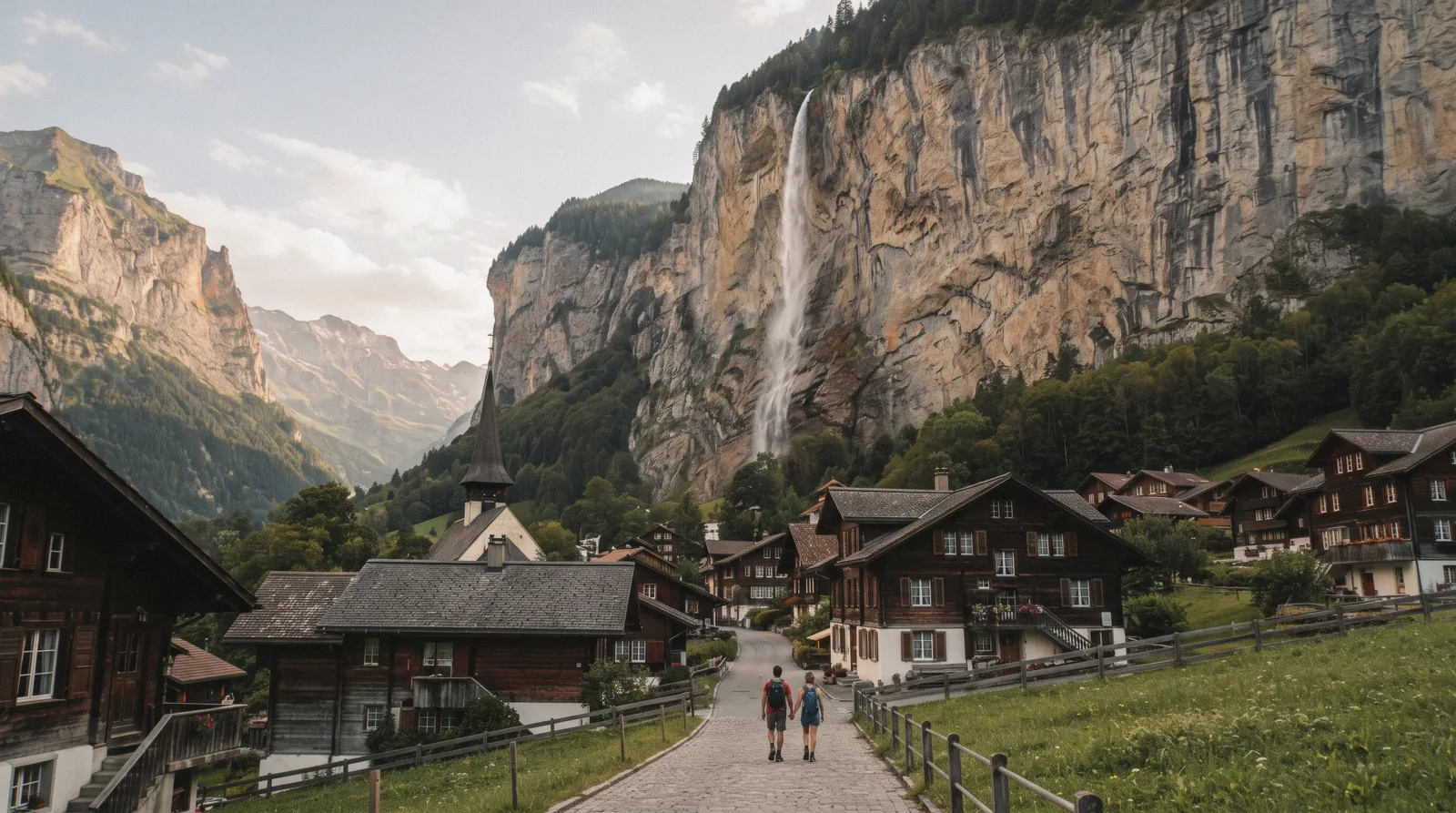 Staubbach Falls dropping over the cliff above Lauterbrunnen village on the valley floor