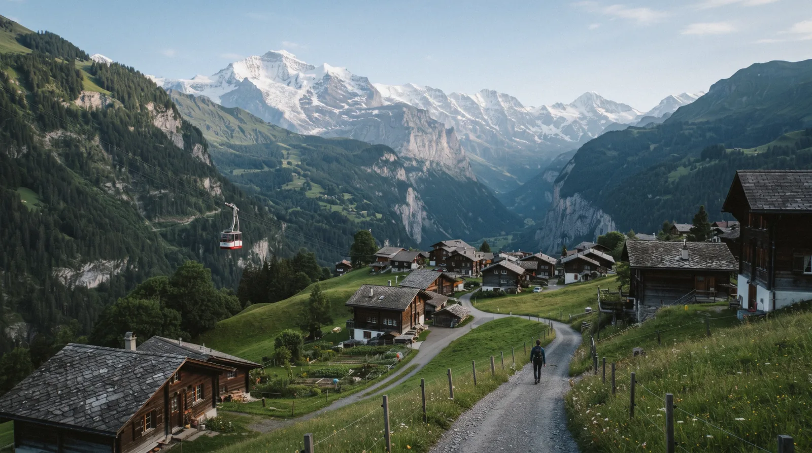 The village of Isenfluh on its mountain terrace above the Lauterbrunnen valley, with the small cable car that climbs to Sulwald