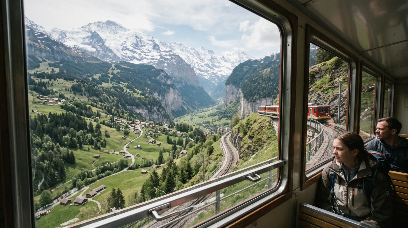 Mountain railway climbing above the Lauterbrunnen valley toward Wengen and Kleine Scheidegg