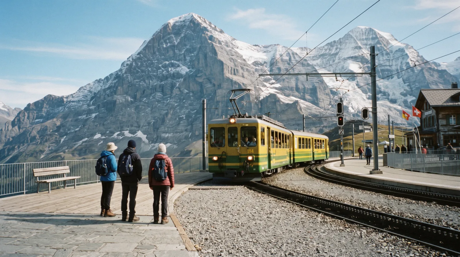 Cogwheel train of the Jungfrau Railway at the high alpine station at Jungfraujoch