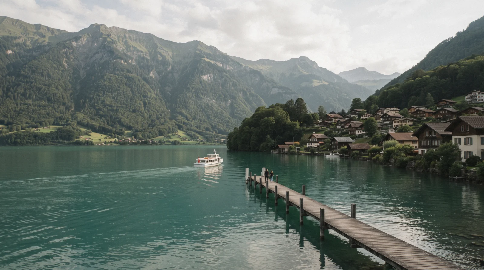The wooden lake pier at Iseltwald reaching into the blue-green water of Lake Brienz