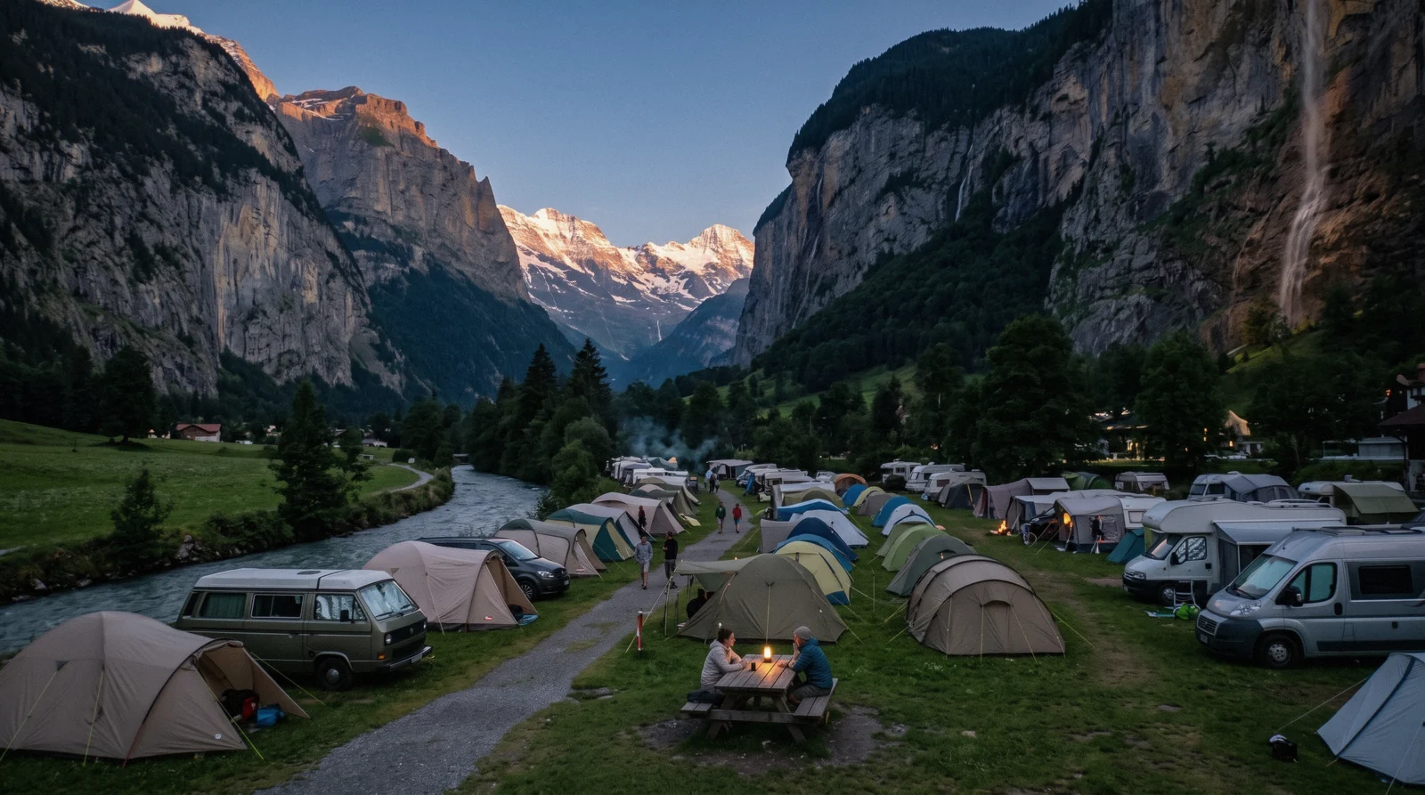 A campground on the Lauterbrunnen valley floor beneath the cliffs, Switzerland