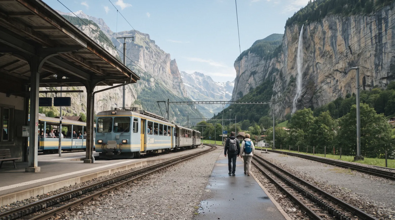 The Lauterbrunnen valley floor with Staubbach Falls dropping from the cliff above the village