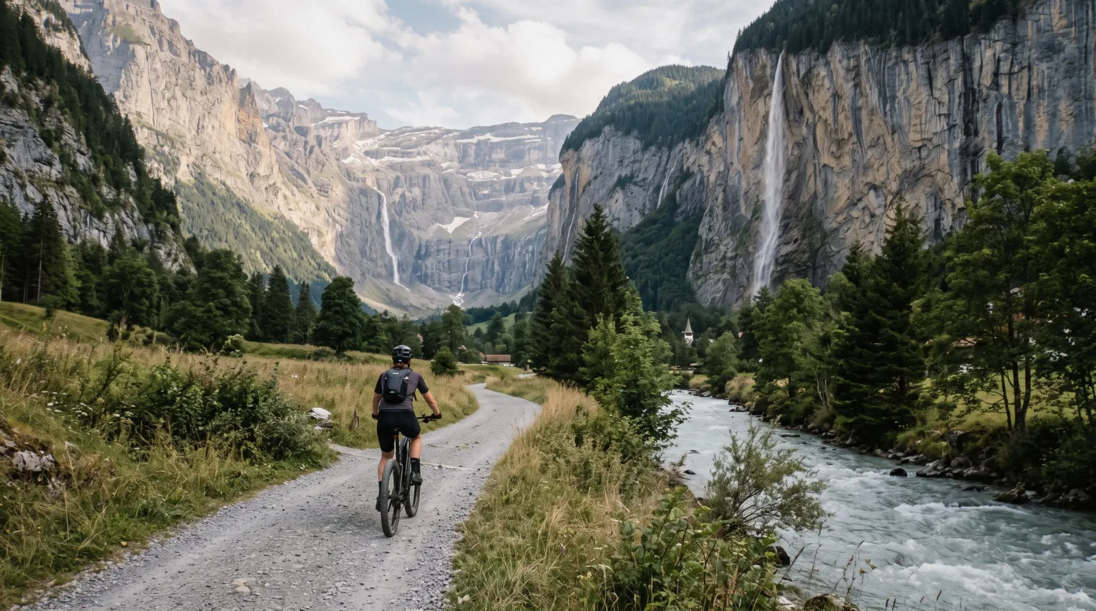 Cyclist riding an e-bike past Staubbach Falls in the Lauterbrunnen valley