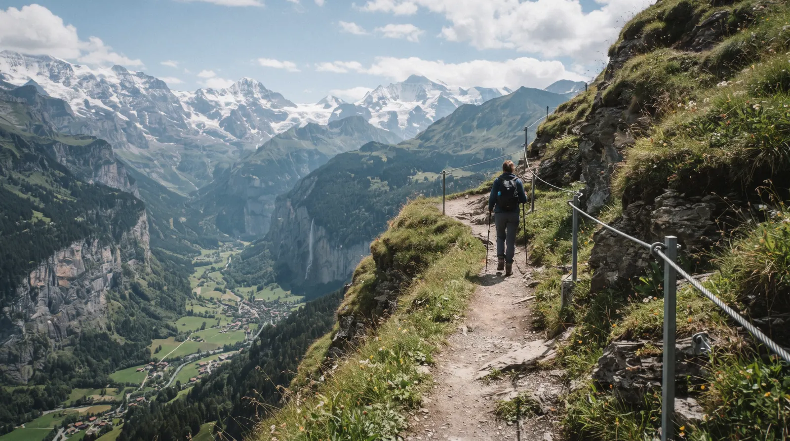 Footpath through the Lauterbrunnen valley with cliffs either side