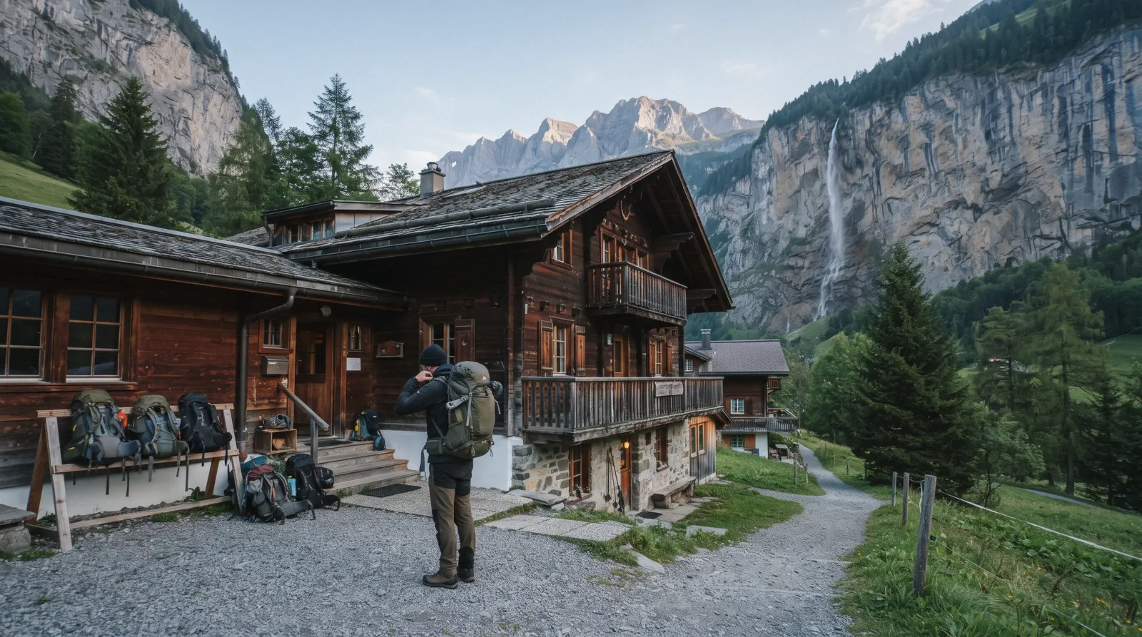 A budget hostel building on the Lauterbrunnen valley floor below the cliffs, Switzerland