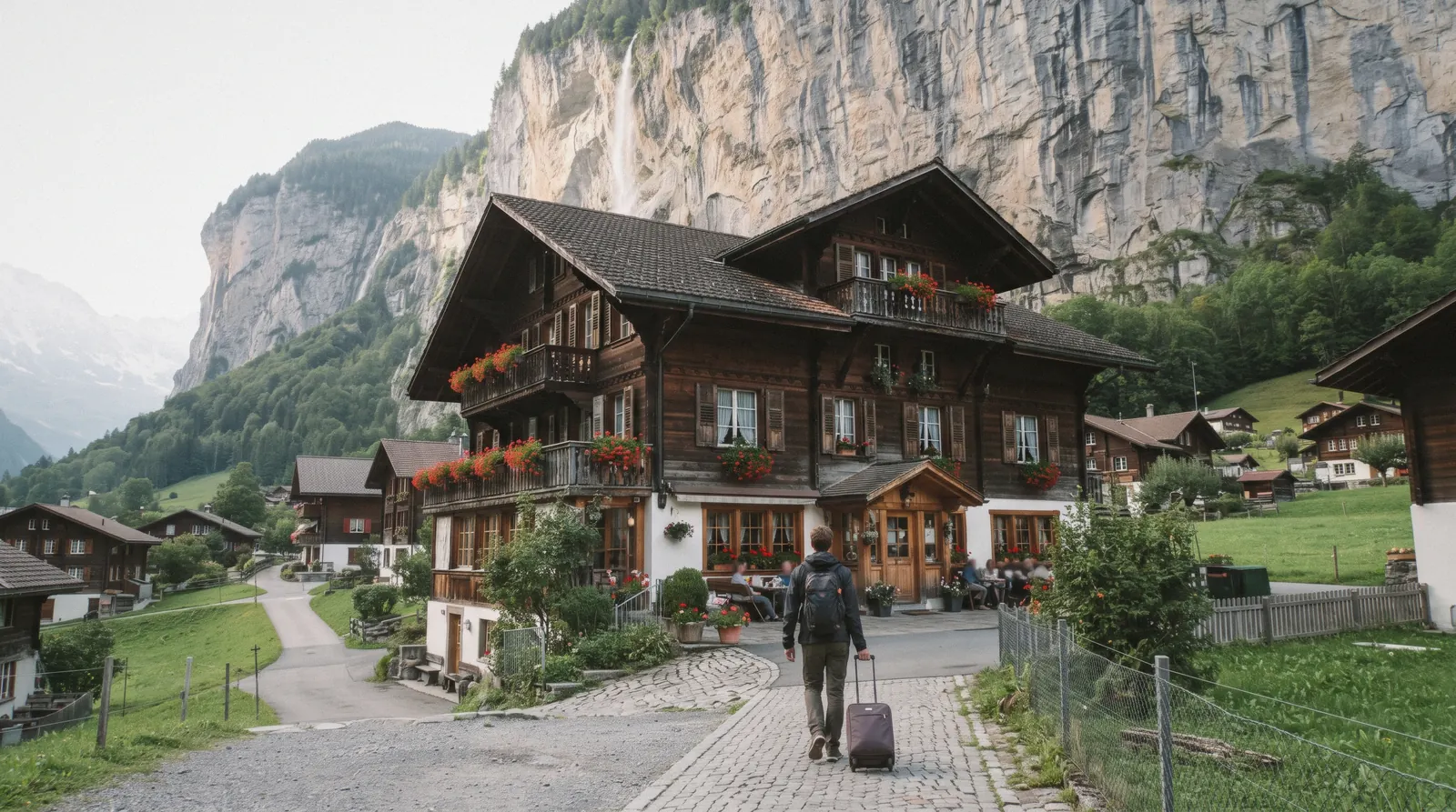 A traditional hotel building in Lauterbrunnen village below the valley cliffs, Switzerland