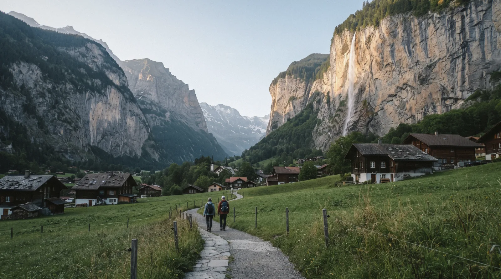 Staubbach Falls dropping past the church in Lauterbrunnen village, Switzerland