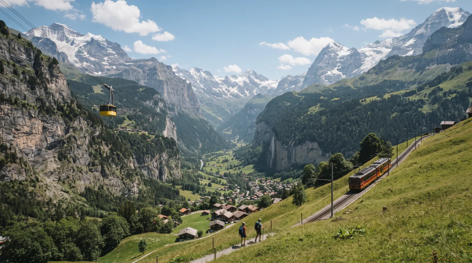 Staubbach Falls dropping past the church above Lauterbrunnen village in Switzerland