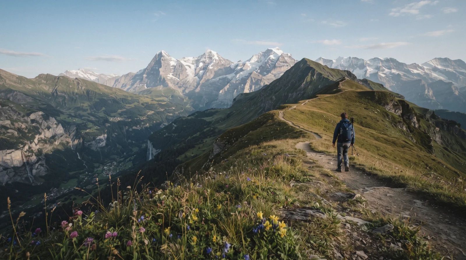 Ridge path above Mannlichen with the Jungfrau massif in view, Lauterbrunnen valley below, Switzerland