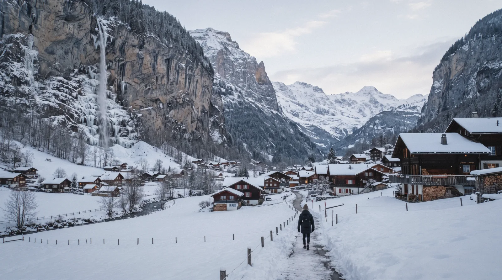 Snow-covered Lauterbrunnen valley with frozen cliff faces and the village below in winter