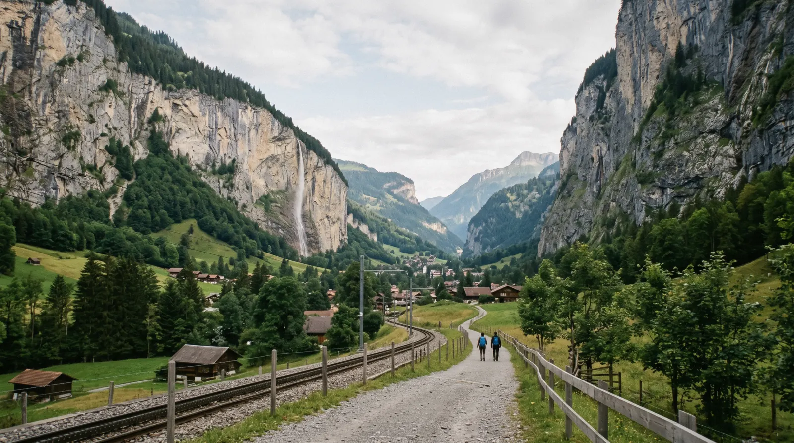 The Lauterbrunnen valley floor with Staubbach Falls and the cliffs above the village