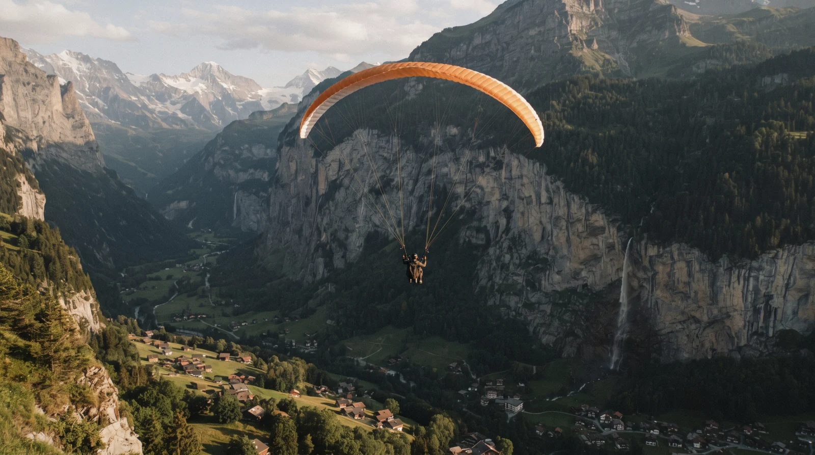Tandem paraglider flying above the Lauterbrunnen valley cliffs near Mürren
