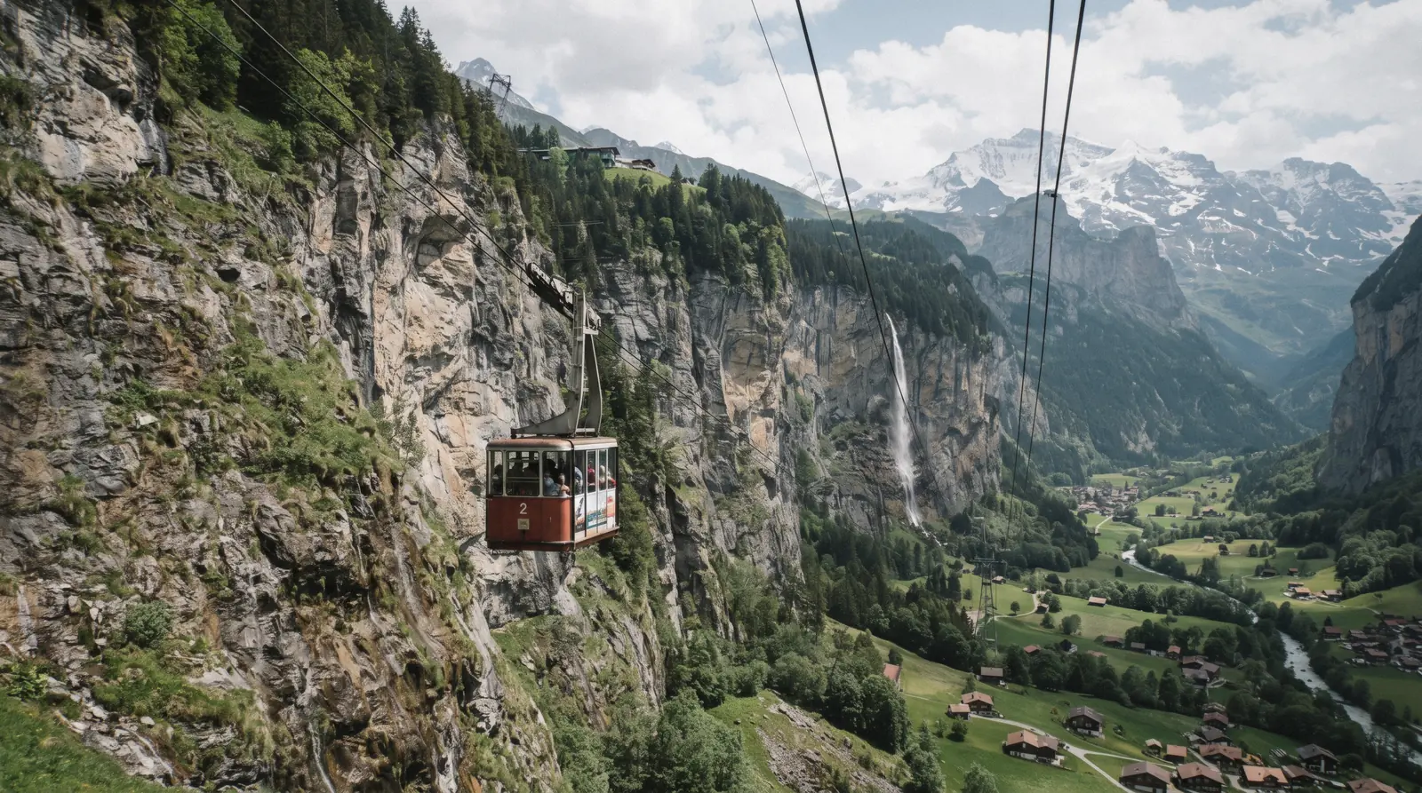 The village of Mürren on its cliff ledge above the Lauterbrunnen valley, reached by cable car and mountain railway