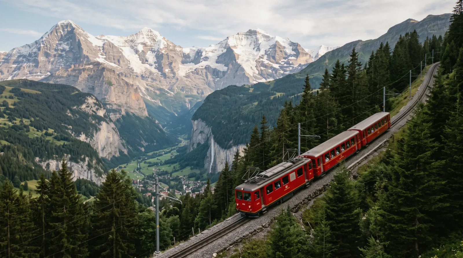 The Wengernalpbahn rack train climbing from Lauterbrunnen toward Wengen