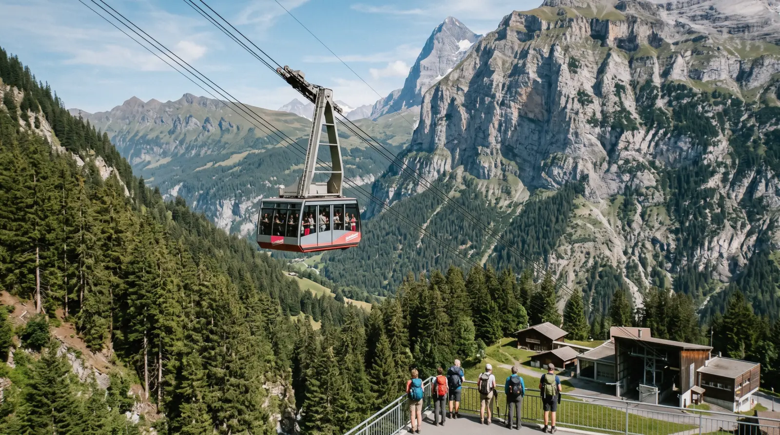 The Schilthorn cableway climbing above Stechelberg, the start of several Lauterbrunnen tours, Switzerland