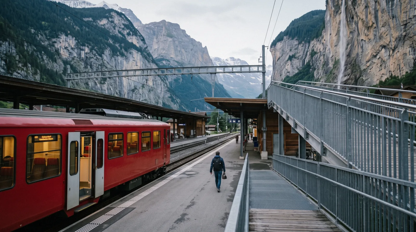 The Lauterbrunnen train station with a Bernese Oberland Bahn train waiting under the cliffs of the Lauterbrunnen valley