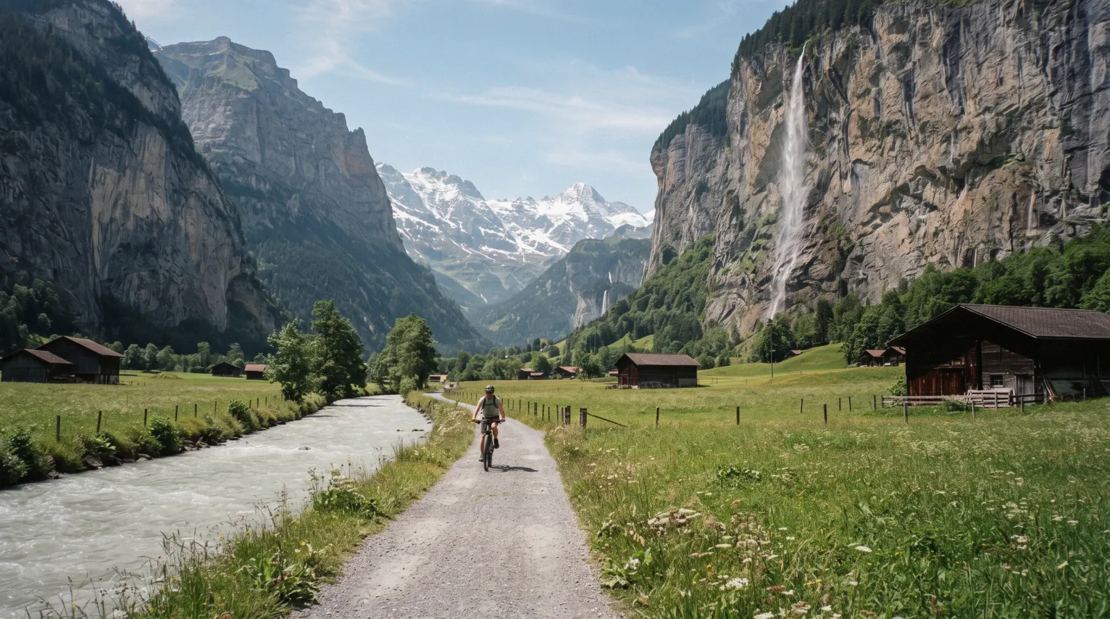 The flat green Lauterbrunnen valley floor with cliff walls and waterfalls toward Stechelberg, Switzerland