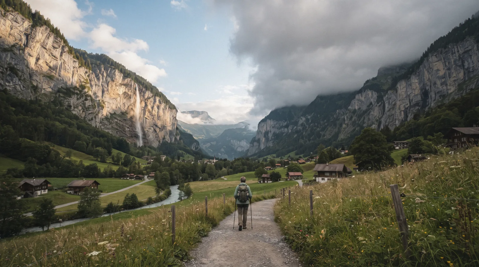 Cloud sitting on the cliffs above the Lauterbrunnen valley while the valley floor below stays clear
