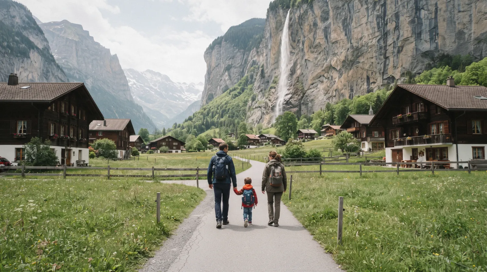 Family walking on the valley path below Staubbach Falls in Lauterbrunnen, Switzerland