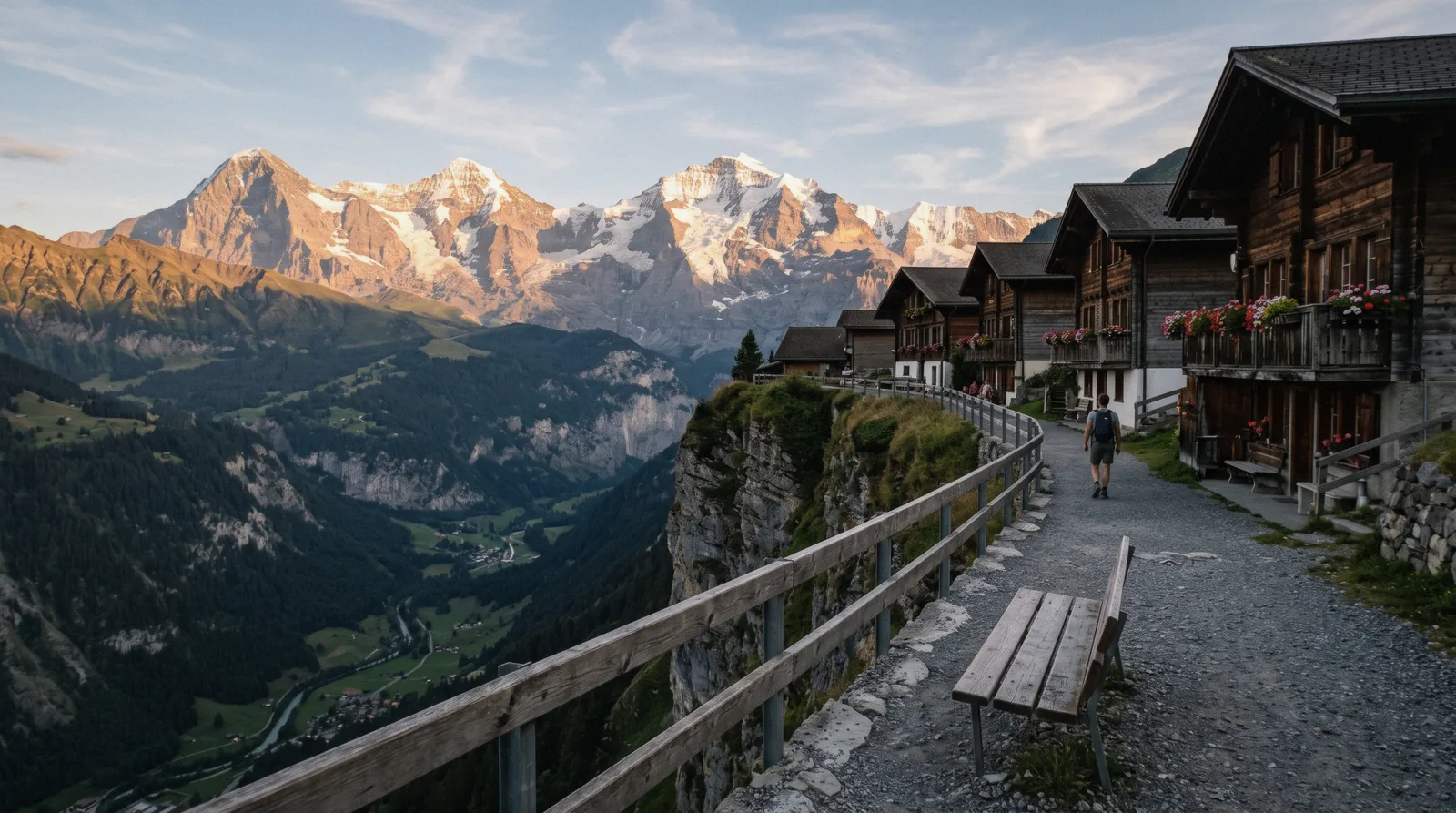 Car-free Mürren village on its ledge above the Lauterbrunnen valley, Switzerland