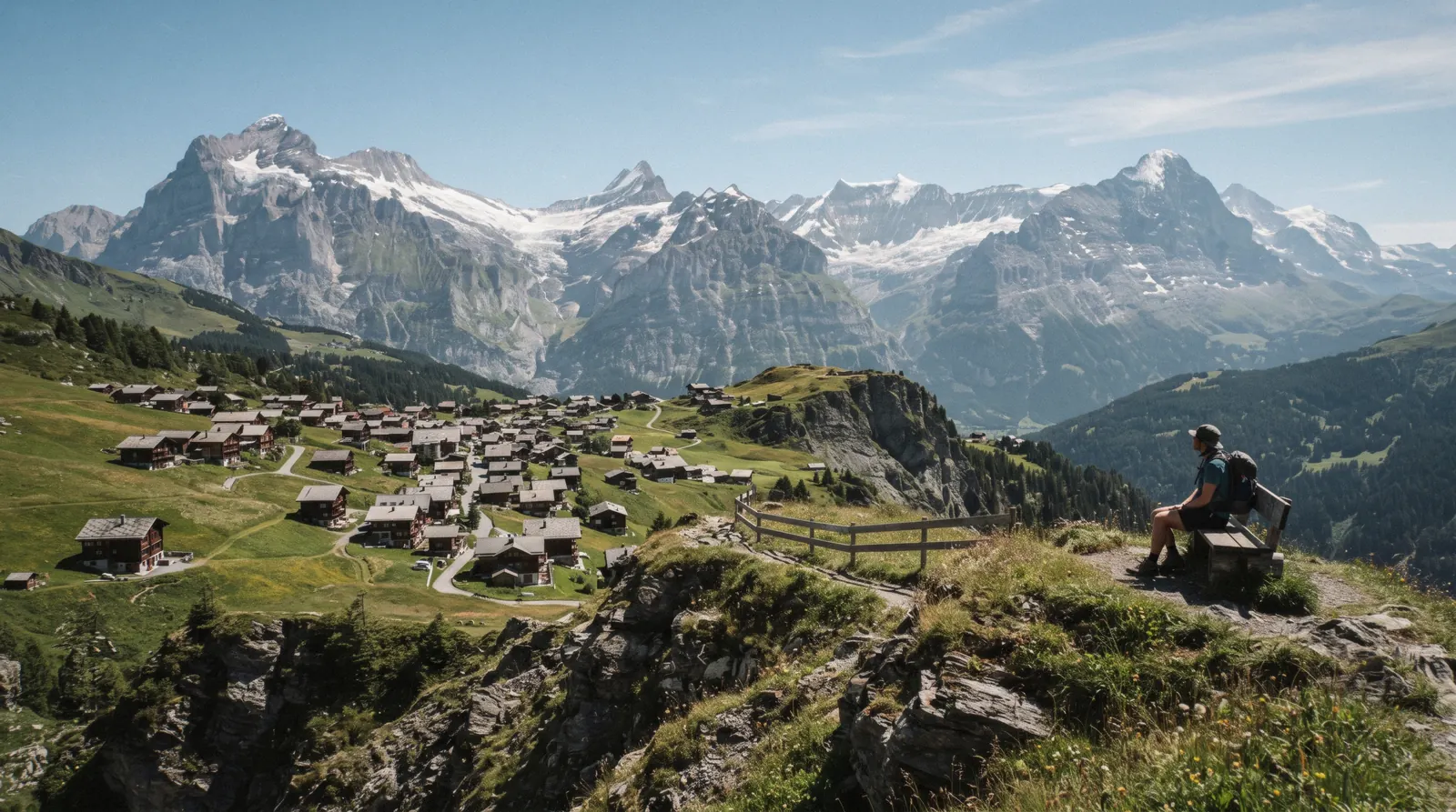 The car-free villages of Mürren and Wengen facing each other across the Lauterbrunnen valley, Switzerland