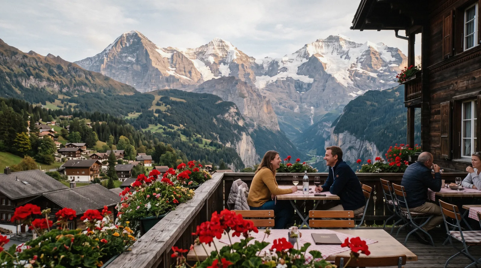 Restaurant terrace in Mürren Switzerland, one of the car-free village's Mürren restaurants