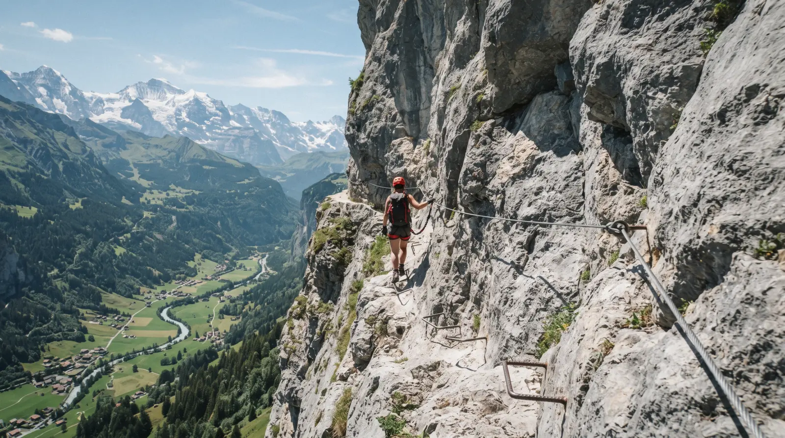 The via ferrata Mürren route on the cliff face above the Lauterbrunnen valley between Mürren and Gimmelwald
