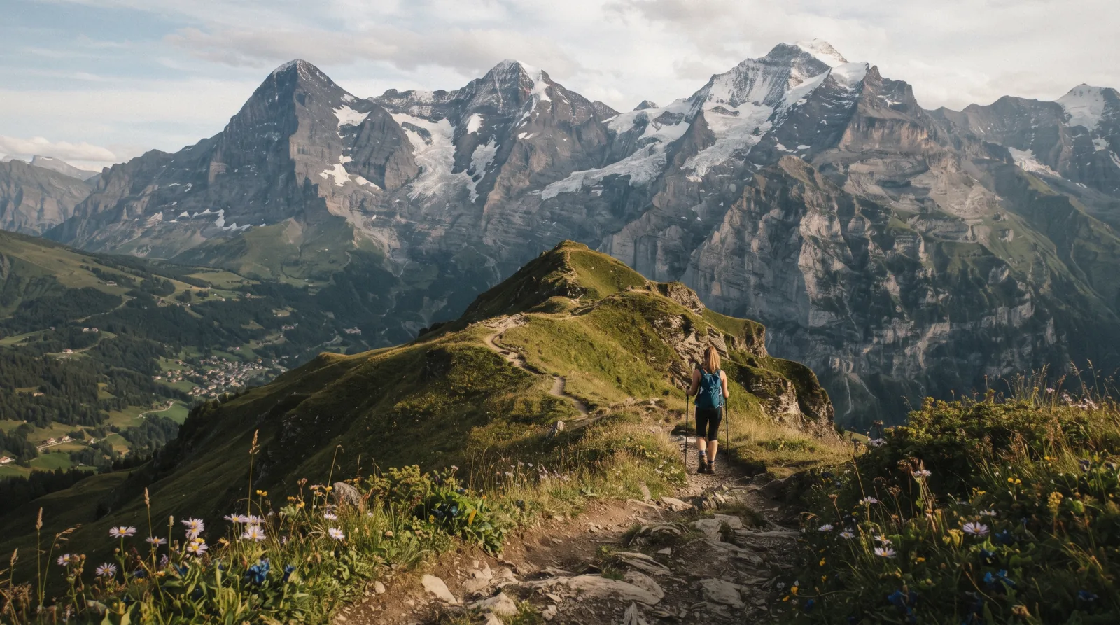 Alpine path above Mürren with the Eiger, Mönch and Jungfrau across the Lauterbrunnen valley