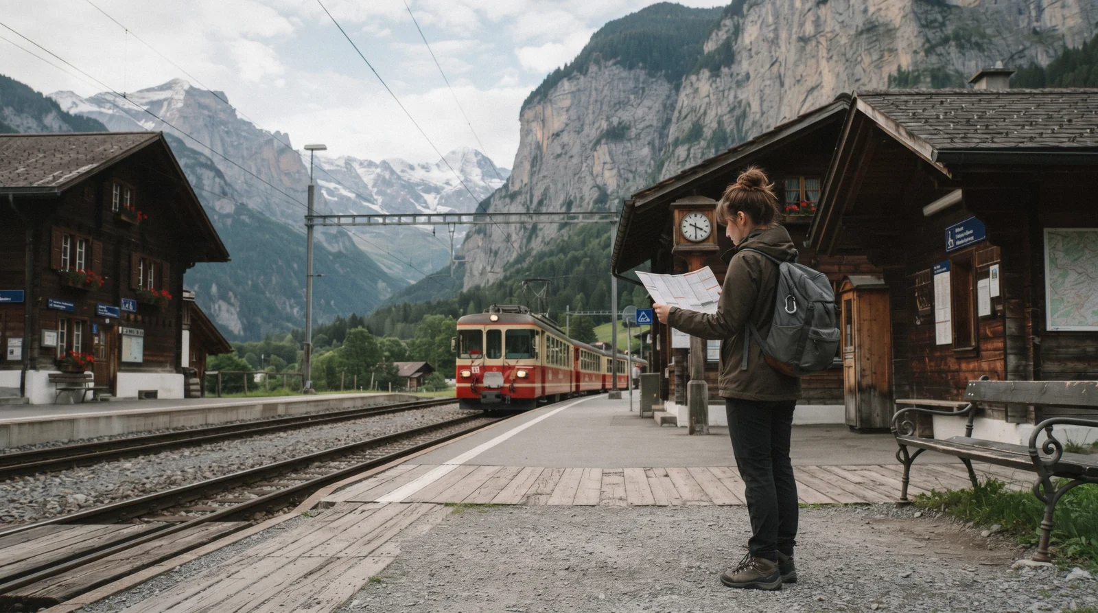 A traveller checking a train timetable at Lauterbrunnen station while planning a trip using lauterbrunnen travel tips, Switzerland