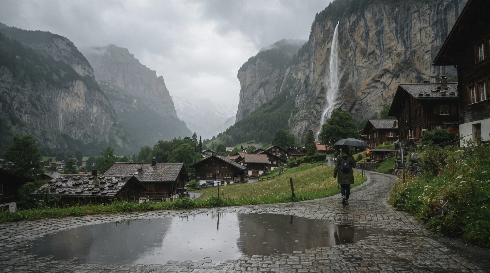 Rain clouds over the cliffs and Staubbach Falls in Lauterbrunnen, Switzerland