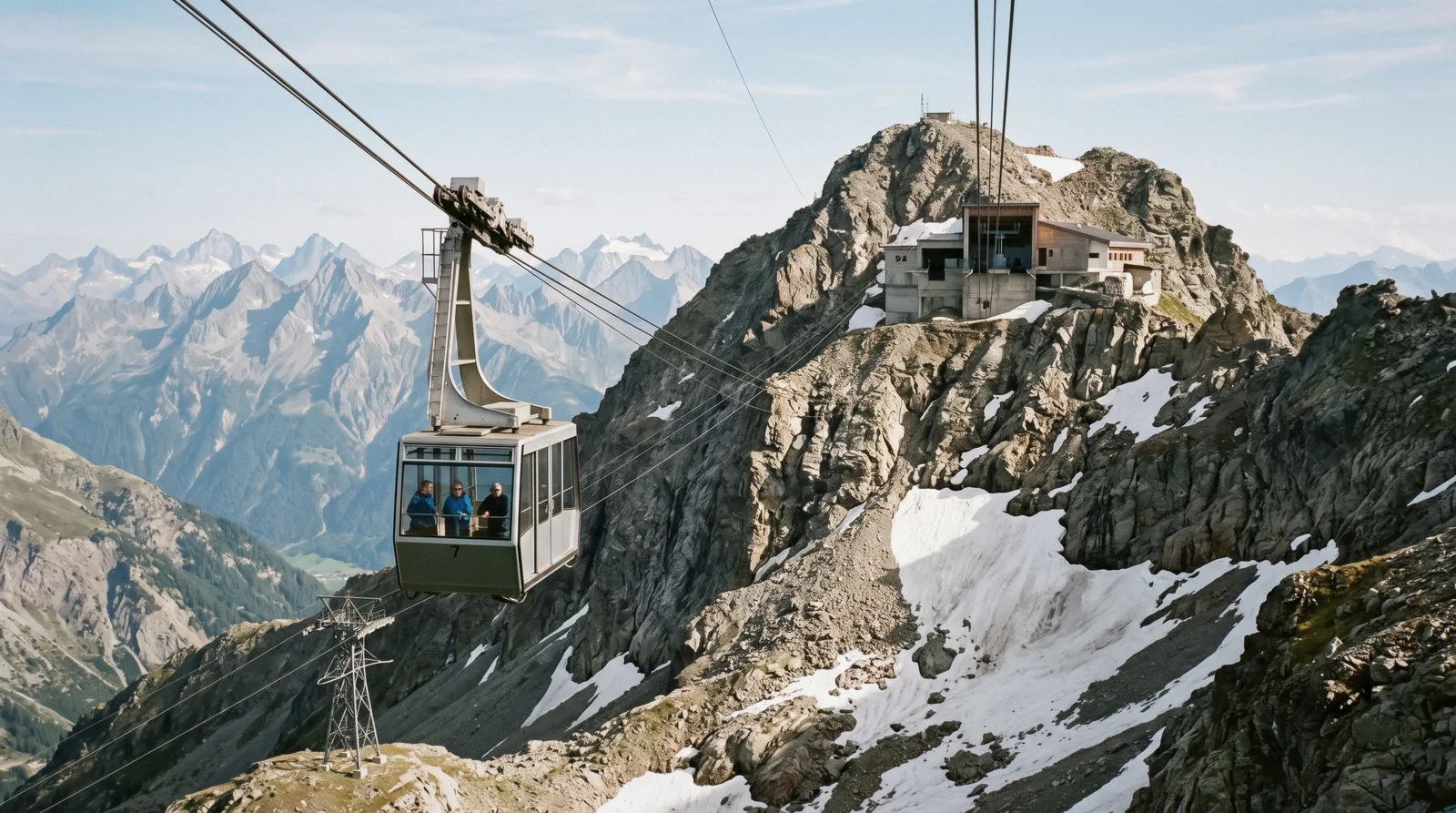 Cable car rising toward the Schilthorn summit above the Lauterbrunnen valley