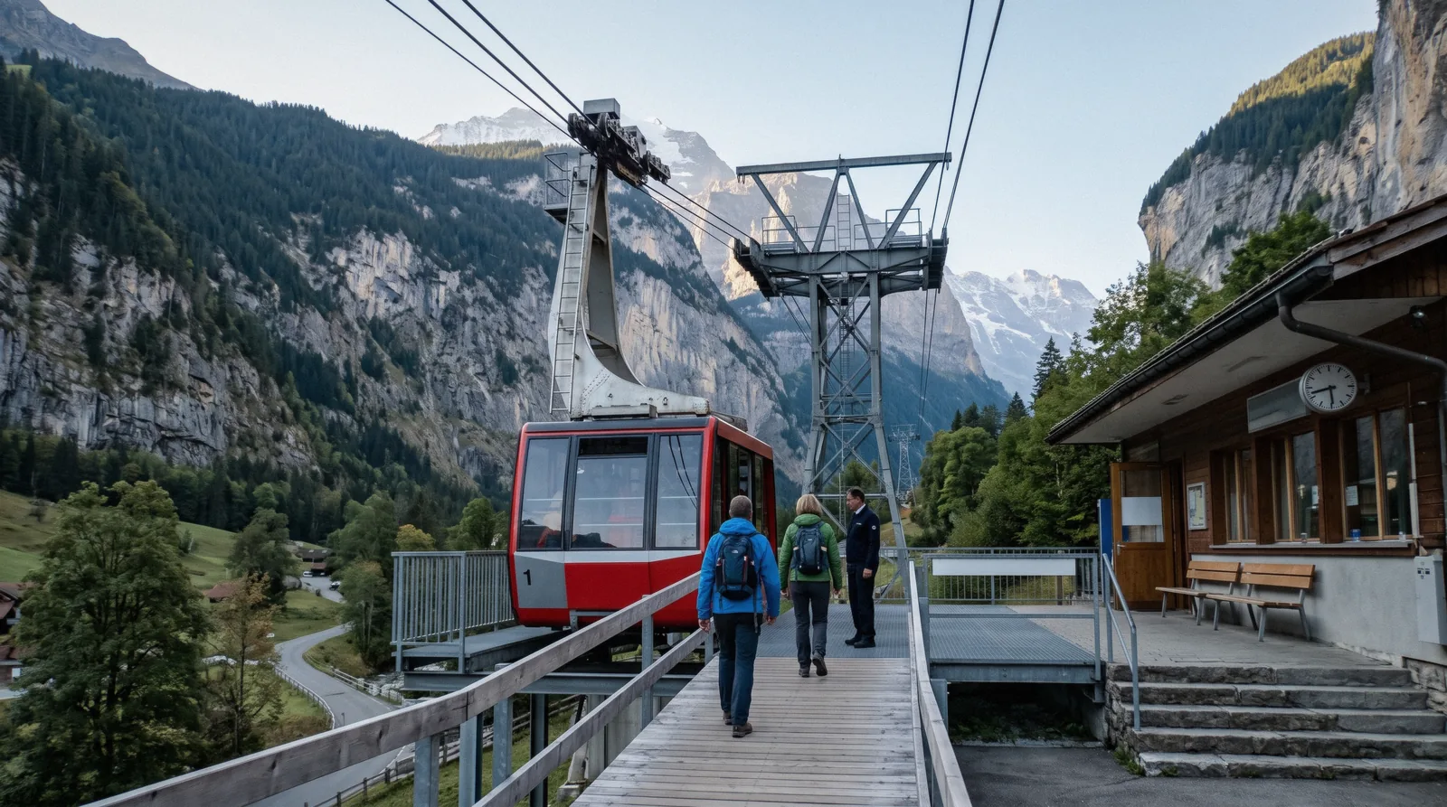 Schilthorn cable car above the Lauterbrunnen valley on the way to the summit station