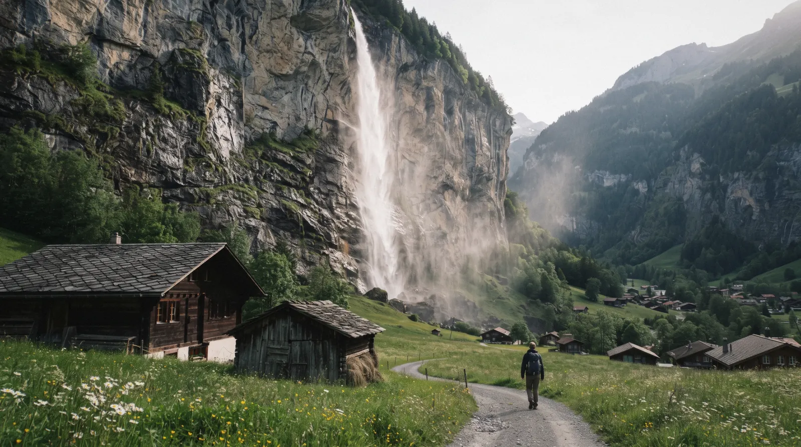 Staubbach Falls falling 297 m past the cliffs above Lauterbrunnen village, Switzerland