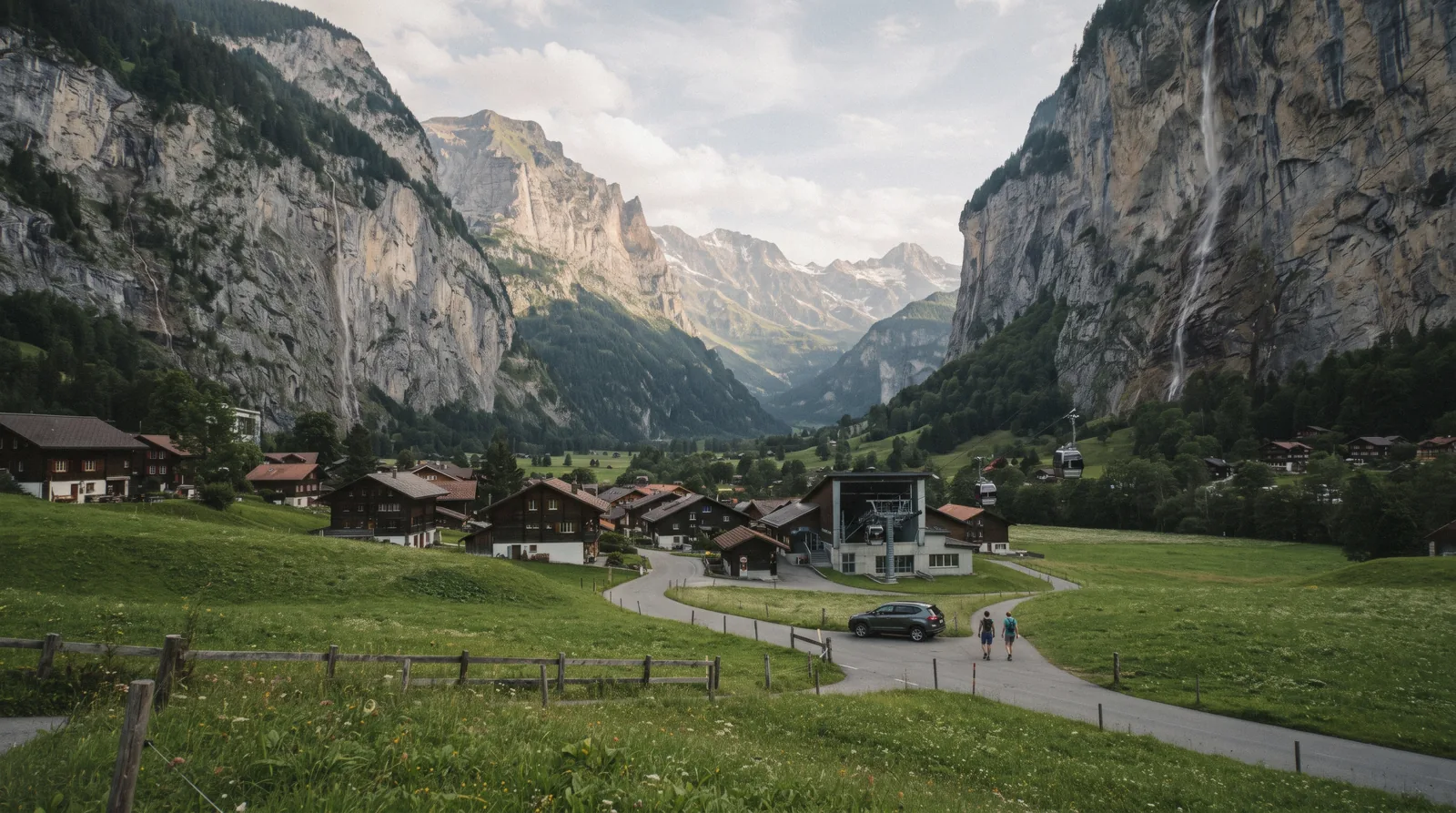The Schilthorn cableway valley station at Stechelberg beside the Weisse Lütschine river at the head of the Lauterbrunnen valley