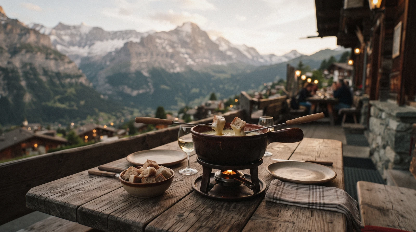 Swiss food in Lauterbrunnen, Switzerland, a pot of cheese fondue on a mountain restaurant table