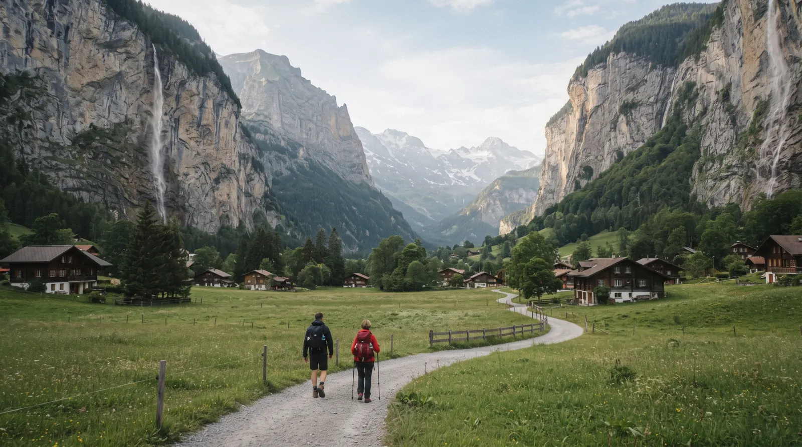 A hiker on the flat Lauterbrunnen valley floor path with waterfalls on the cliffs, one of the things to do in Lauterbrunnen, Switzerland