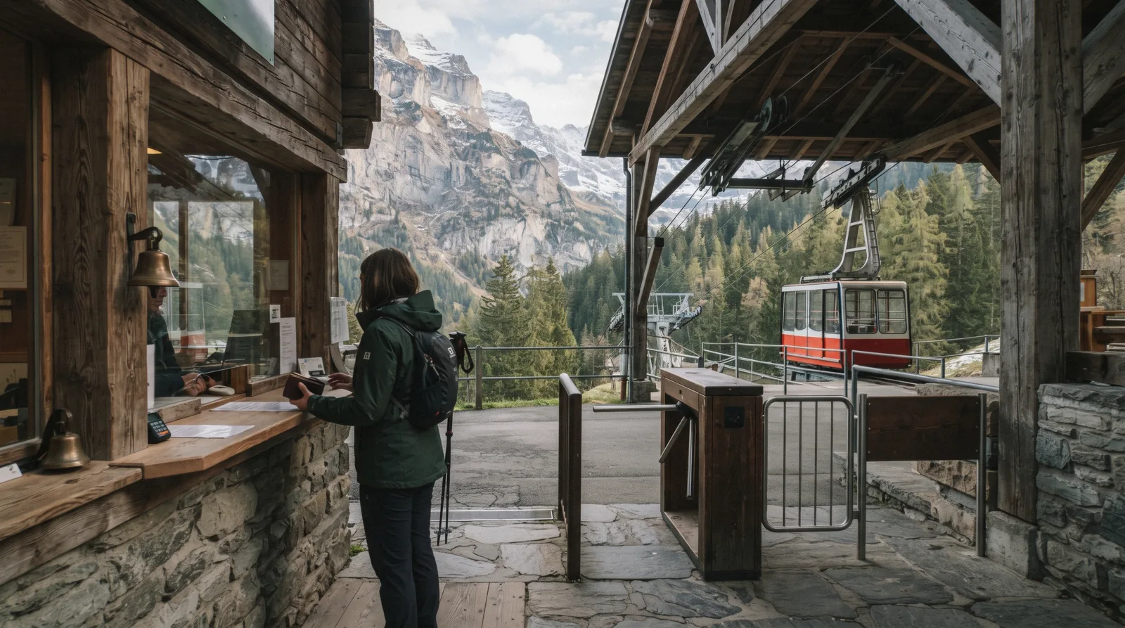 A cable car ticket counter at the Stechelberg valley station for the Schilthorn cableway near Lauterbrunnen, Switzerland