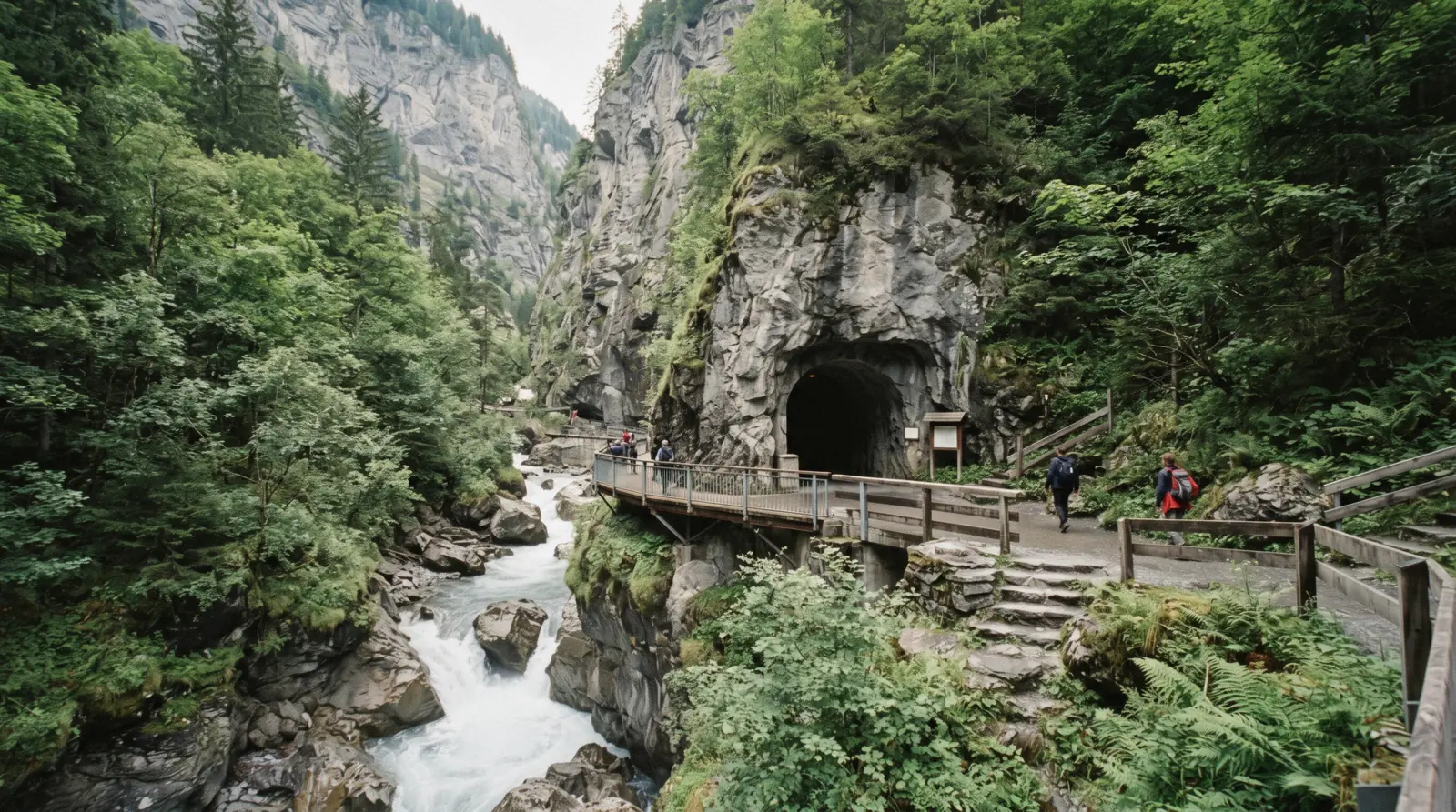 Glacier waterfalls pouring through the rock gorge of the Trümmelbach Falls near Lauterbrunnen