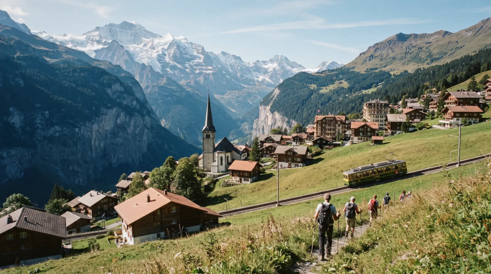 Car-free Wengen village at 1,274 m above the Lauterbrunnen valley, Switzerland
