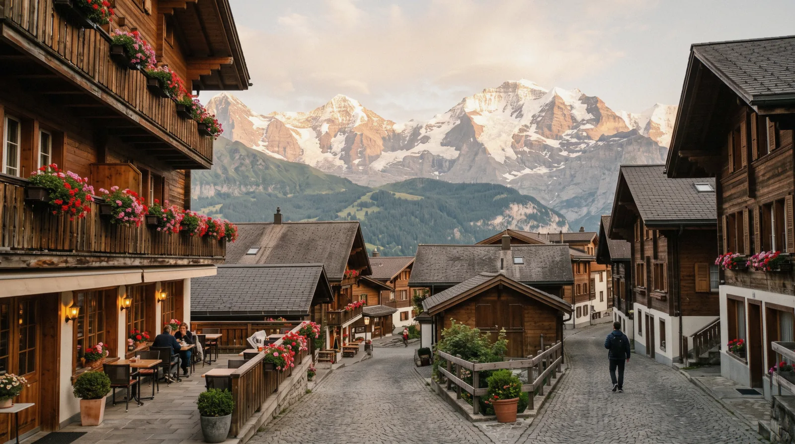 Dining terrace of one of the restaurants in Wengen, Switzerland, with alpine views