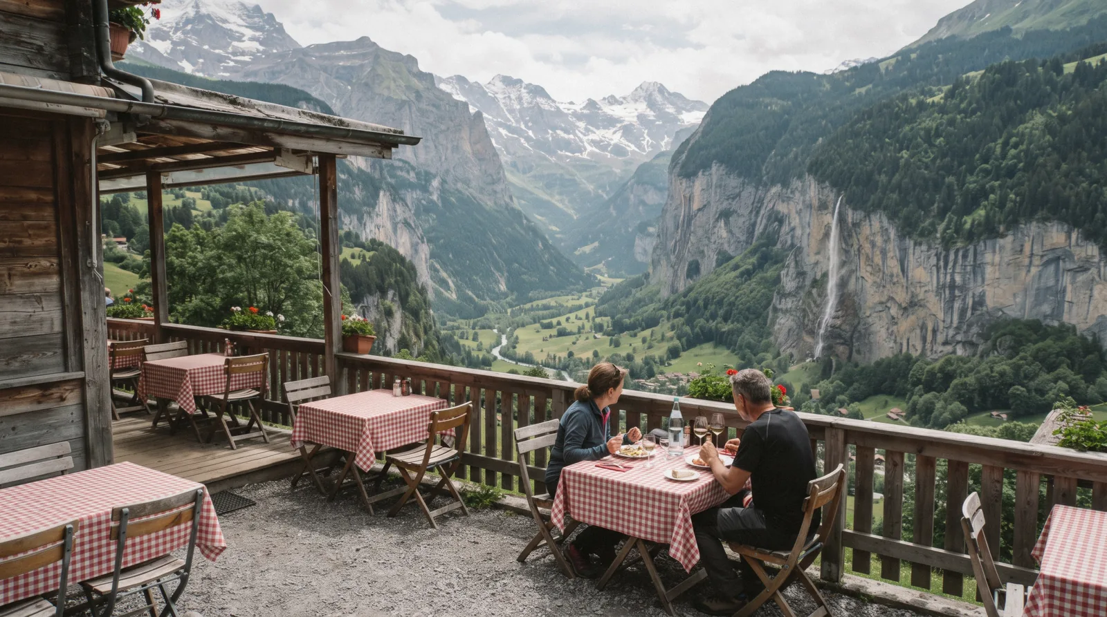 Restaurant terrace above the cliffs of Lauterbrunnen Switzerland, a place to eat in the valley